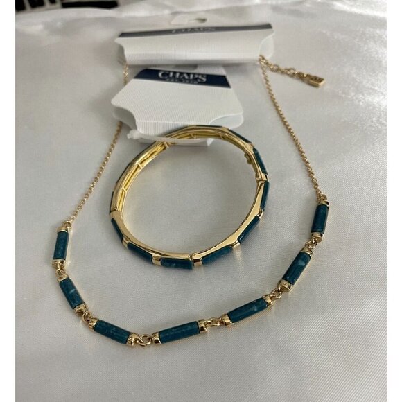 Chaps Gold-Tone Teal Stone Statement Necklace & Stretch Bracelet Set - Picture 2 of 4